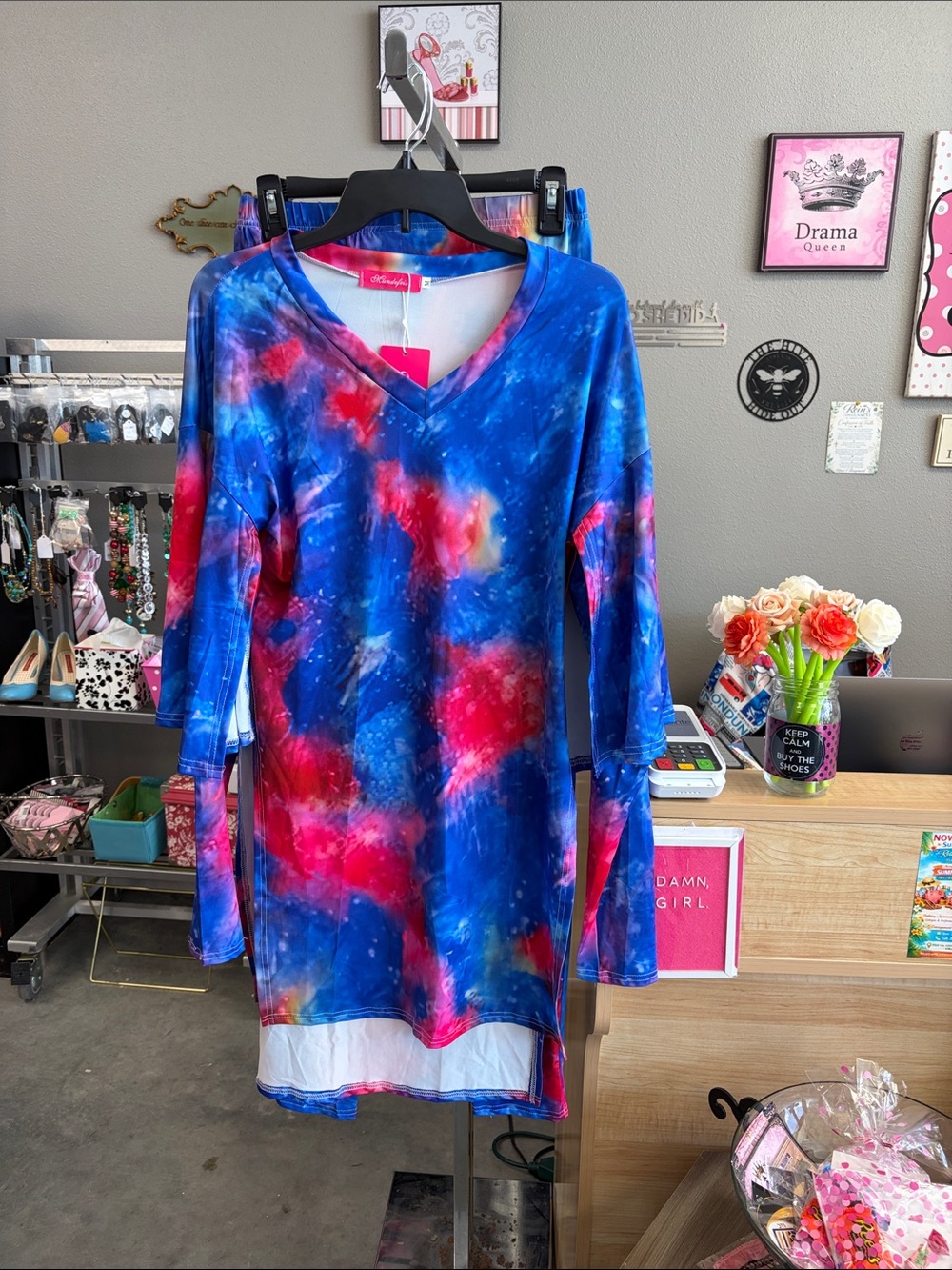 Tie-Dye V-Neck Tunic Dress in Blue & Pink